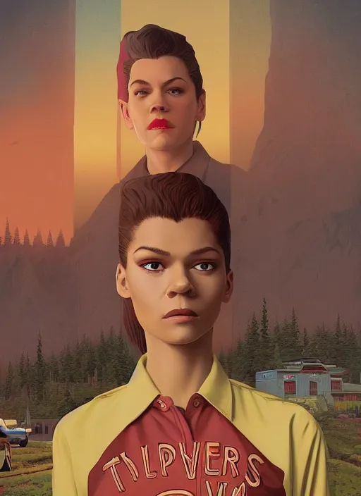 Prompt: Twin Peaks poster artwork by Michael Whelan and Tomer Hanuka, Karol Bak, Rendering of Zendaya wearing rr diner uniform, from scene from Twin Peaks, full of details, by Makoto Shinkai and thomas kinkade, Matte painting, trending on artstation and unreal engine