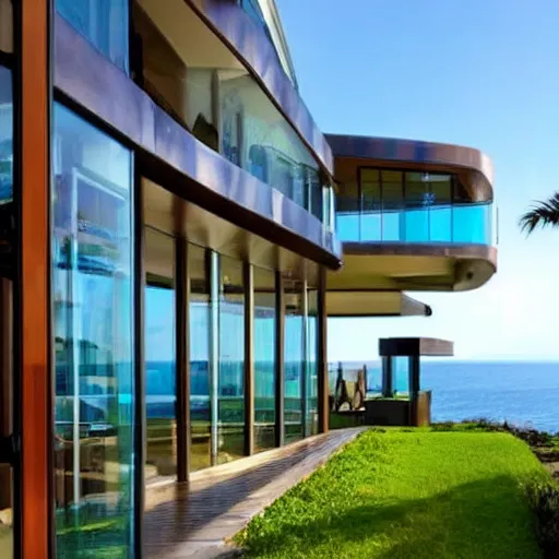 Prompt: An ocean view contry house with large glass windows