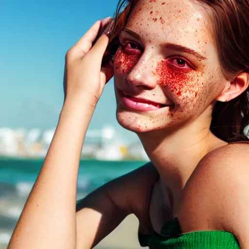 Image similar to portrait of a cute thin young woman, bronze brown hair, eye color is emerald green, red blush, cute freckles, smug smile, modern clothes, relaxing on the beach, golden hour, close up shot, 8 k, art by irakli nadar, hyperrealism, hyperdetailed, ultra realistic