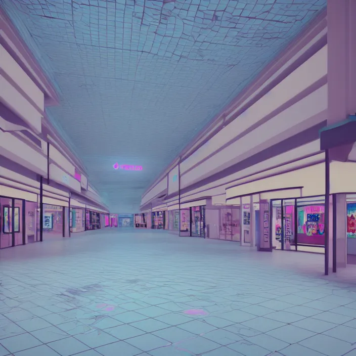 Prompt: vaporwave 7 0 s dreamy empty empty shopping mall, highly detailed, 3 d render, vray, octane, realistic lighting, photorealistic