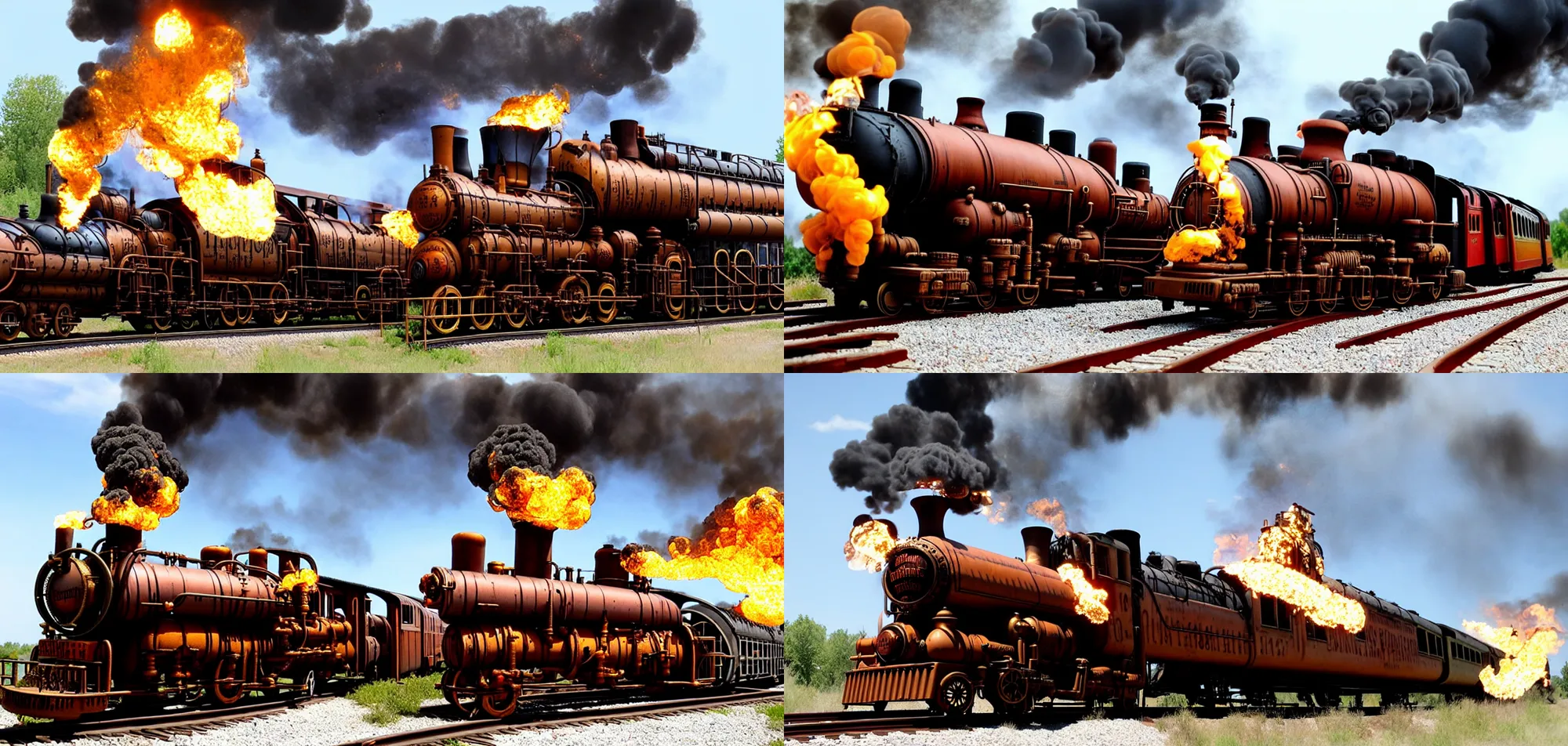 Prompt: flaming train on steampunk railroad in the 1800's