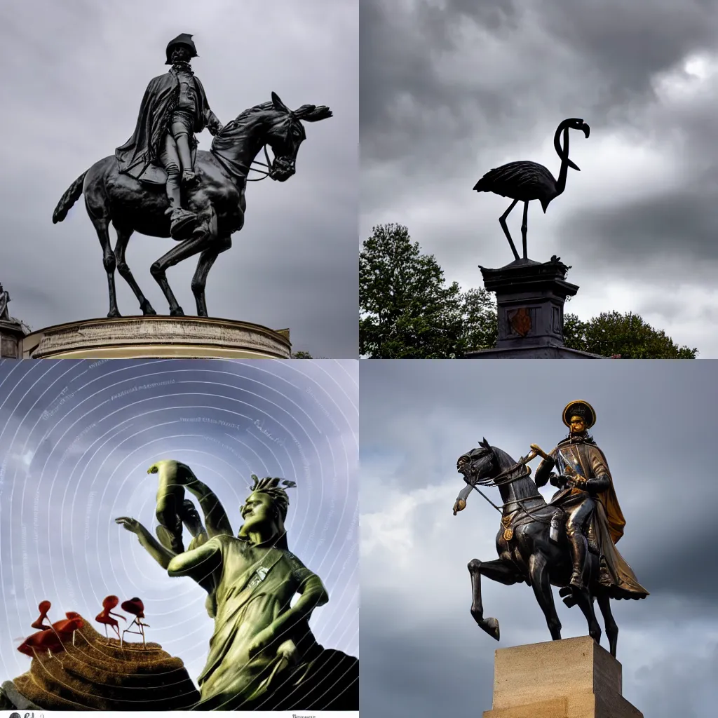 Prompt: statue of Napoleon riding flamingo conqueror France dark clouds