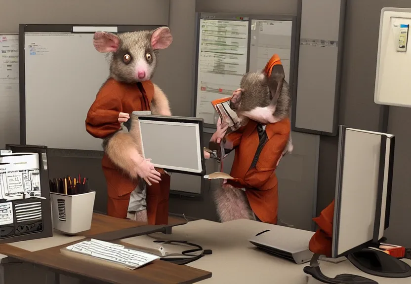 Image similar to possum dressed as an office worker, working on a desktop computer, in a 1980s office, old photo, colorized, trending on Artstation, award-winning