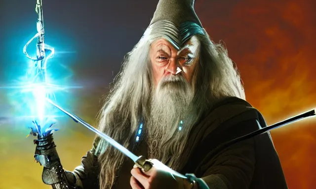 Prompt: cyber - gandalf with cyborg face and robotic arm holding an electronic spear battling a balrog 3 5 mm photograph