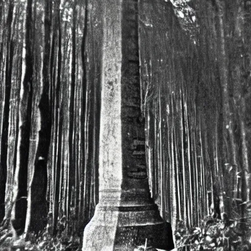 Image similar to lost film footage of a sacred totem, tropical forest, film still, cinematic, out of focus, enhanced, 1 9 2 0 s, black and white, grain
