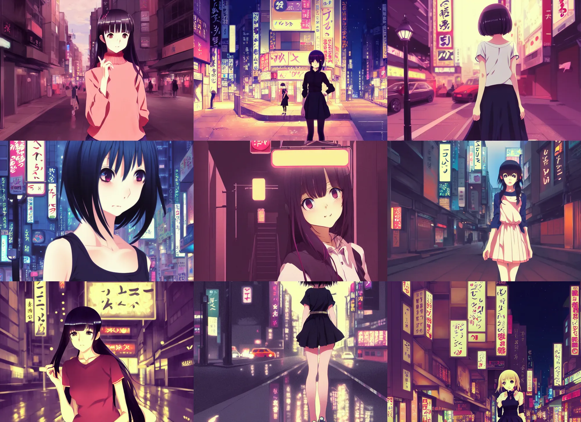 Prompt: anime visual, portrait of a young female sightseeing in shibuya at night, low light, cute face by ilya kuvshinov, yoh yoshinari, makoto shinkai, dynamic pose, dynamic perspective, cel shaded, flat shading mucha, rounded eyes, moody, detailed facial features, speed grapher