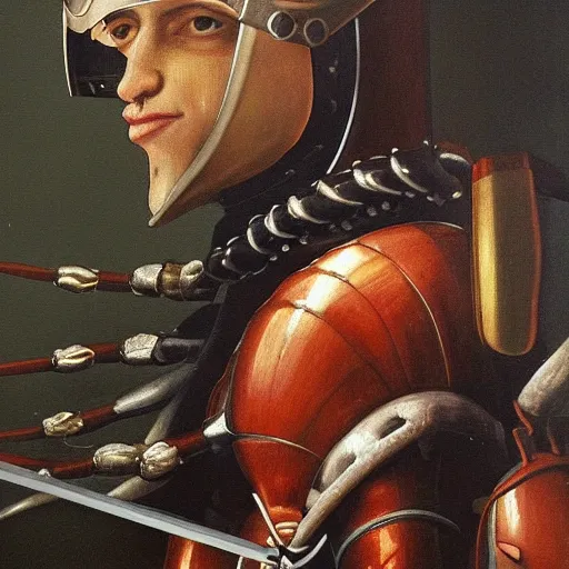 Image similar to a realistic painting by Raffaello Sanzi depicting the knight in shining armor with the head of the symbiotic Venom in the Renaissance.