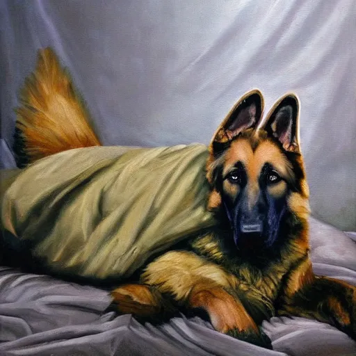 Image similar to a oil painting of a humanoid german shepherd beast - man, wearing military outfit, lying on a humble unmade bed wrinkled bed sheets