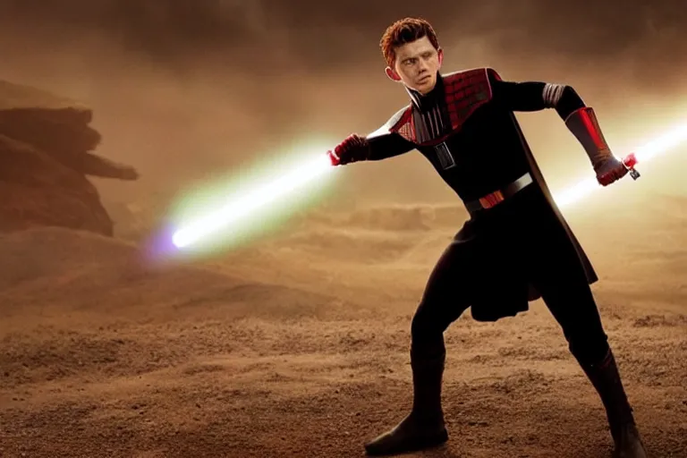 Image similar to tom holland as a sith in a new star wars film, 3 5 mm photography, highly detailed, cinematic lighting, standing pose, holding lightsaber 4 k