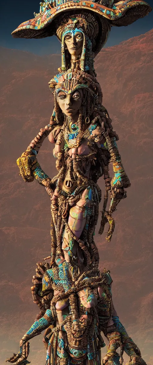 Prompt: massive beautiful aztec priestess statue on an alien planet by jeff darrow and moebius, earth and pastel colors, dramatic perspective, highly detailed, ultra realistic, masterpiece, 4 k, 8 k