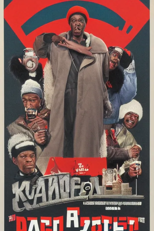 Image similar to poster the movie 1 9 8 8 ussr don't be a menace to south central while drinking your juice in the hood, perfect symmetrical eye, gray fur hat soviet soviet russian winter fur cap with earflaps ushanka, vodka kremlin babushka communist