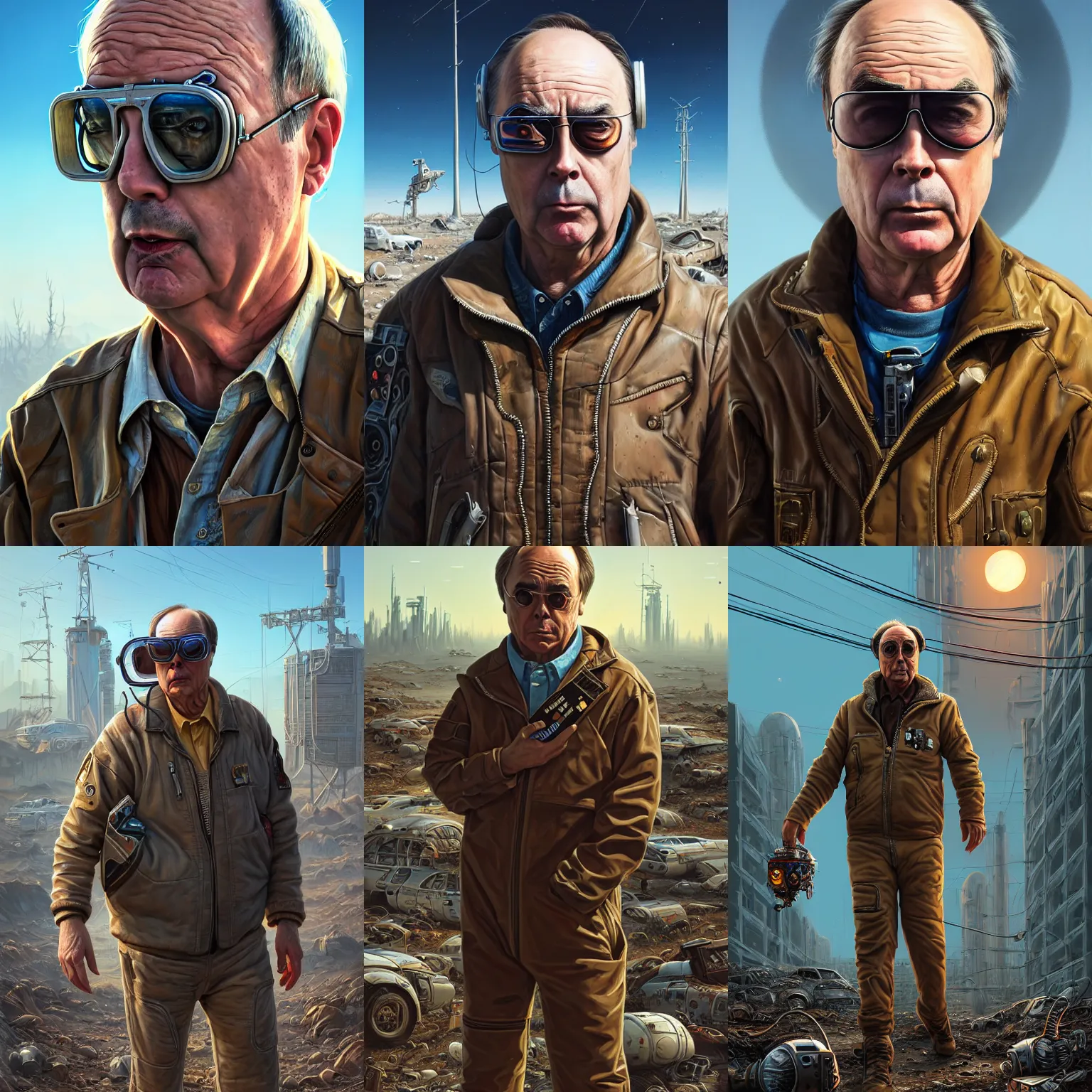 Prompt: ultra realistic style illustration, john dunsworth as jim lahey, nasa cyborg in an apocalyptic wasteland, gorgeous face, cyberpunk, sci - fi, fantasy, intricate, elegant, highly detailed, digital painting, artstation, concept art, smooth, sharp focus, illustration, art by mansik yang and rashed alakroka and simon stalenhag and wlop