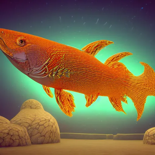 Image similar to a hyperrealistic 3 d octane render of a fish made entirely of gigantic mandelbrot fractals, unreal engine, dramatic lighting, volumetric lighting, backlit, vray lighting, ray tracing, ultra detailed, photorealism, neon, glowing