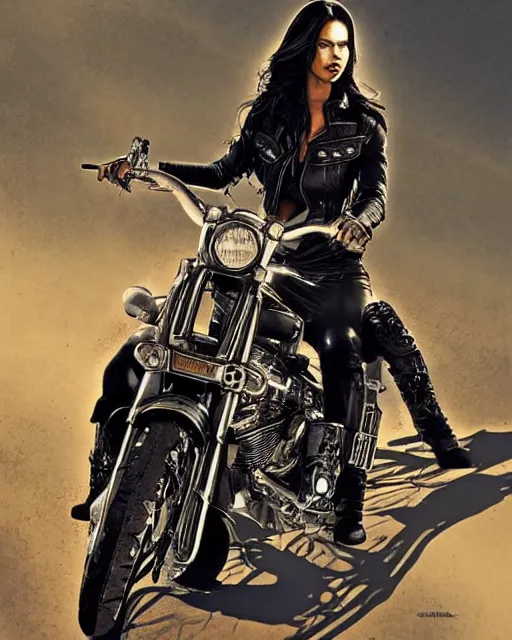 Image similar to Adriana Lima on a bike in sons of anarchy tv show, wearing leather, D&D style , highly detailed, digital art, trending on artstation, smooth, sharp focus, illustration, art by artgem and ROBERT HYNES