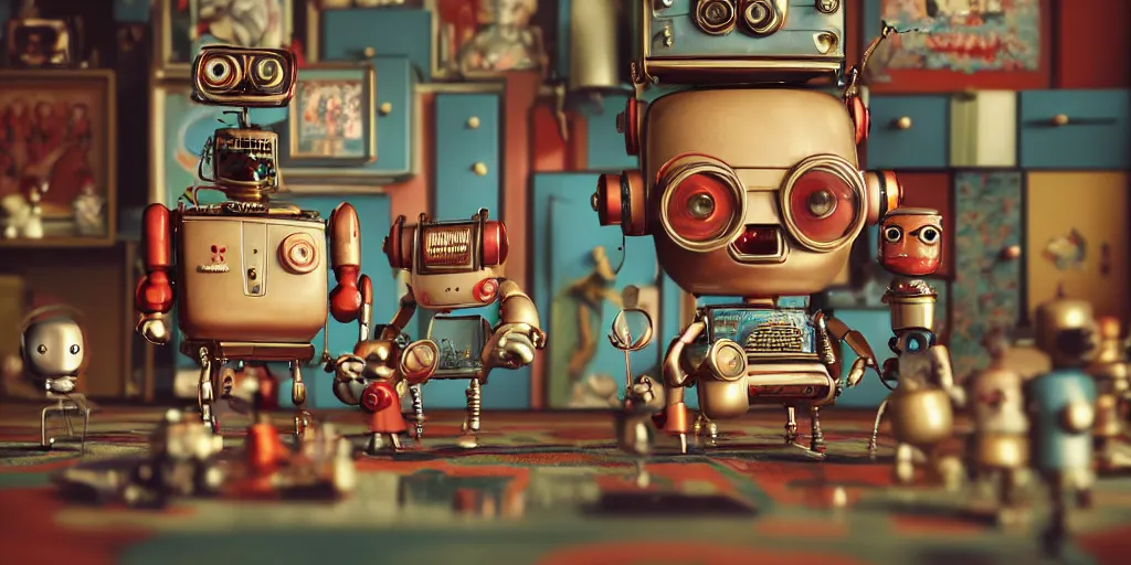 Image similar to closeup portrait of tin toy retro living room of robot family, depth of field, zeiss lens, detailed, centered, fashion photoshoot, by nicoletta ceccoli, mark ryden, lostfish, breathtaking, 8 k resolution, extremely detailed, beautiful, establishing shot, artistic, hyperrealistic, octane render, - h 8 0 4