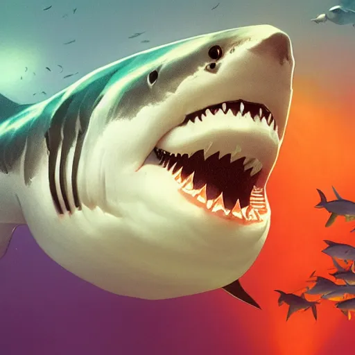 Prompt: great white shark with orange and white striped traffic cones instead of teeth, underwater background detailed atmospheric - ron cheng & alphonse mucha, highly detailed, digital painting, ray tracing, concept art, illustration, smooth sharp focus, intricate, symmetry, artstation,