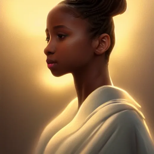 Image similar to a photorealistic hyperrealistic, bright brown eyes, light skinned african american young girl, ponytail hair, flawless face, beautiful lips, cute face, gorgeous white veil, by wlop, artgerm, greg rutwoski, alphonse mucha, beautiful dynamic dramatic low - light moody lighting, cinematic atmosphere, artstation, concept design art, octane render, 8 k