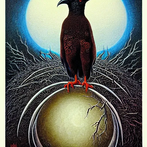 Image similar to artistic drawing of a surreal crow, made of engrenage by gerald brom and johfra bosschart, visionary, detailed, realistic, surreality