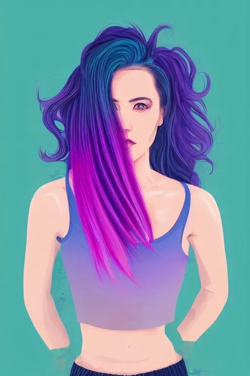 Image similar to a award winning half body portrait of a beautiful woman in a croptop and cargo pants with ombre purple pink teal hairstyle with head in motion and hair flying by wlop, outrun, vaporware, shaded flat illustration, digital art, trending on artstation, highly detailed, fine detail, intricate