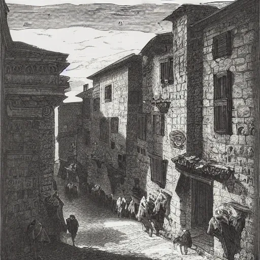 Prompt: medieval italian town, gustave dore lithography