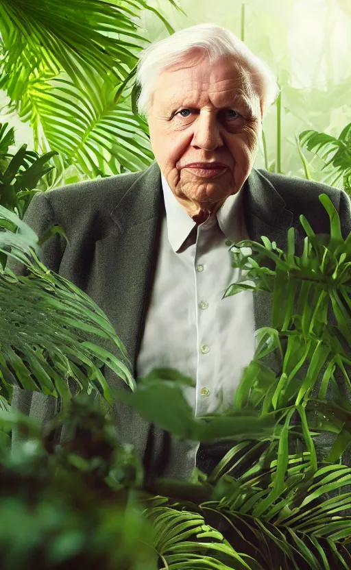 Prompt: Portrait of Sir David Attenborough with a lush tropical jungle in the background, splash art, movie still, cinematic lighting, dramatic, octane render, long lens, shallow depth of field, bokeh, anamorphic lens flare, 8k, hyper detailed, 35mm film grain