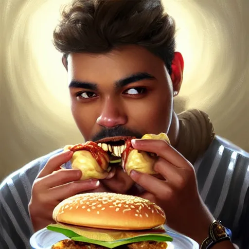 Image similar to portrait of charles barkley eating hamburgers, extra onions and ketchup, luscious patty with sesame seeds, feminine ethereal, handsome, d & d, fantasy, intricate, elegant, highly detailed, digital painting, artstation, concept art, matte, sharp focus, illustration, art by artgerm and greg rutkowski and alphonse mucha