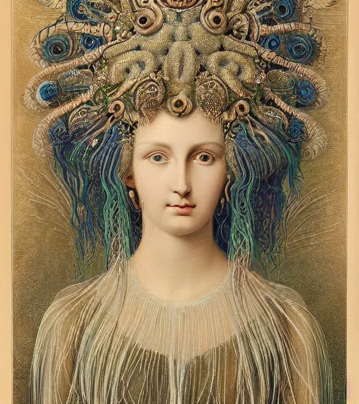 Image similar to portrait of a gorgeous sublime young goddess with intricate decorative jellyfish headdress and beautiful eyes, clear lines, detailed painting by christian rex van minnen and ernst haeckel and james jean