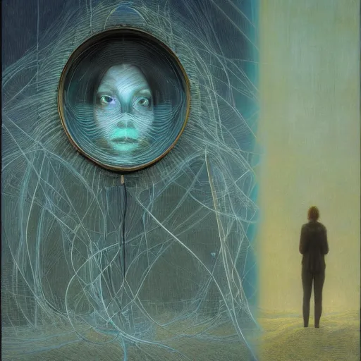 Image similar to Portrait Masterpiece, Thom Yorke, cyan, golden halo behind her head, wires everywhere, by Edgar Maxence and Ross Tran, Zdzisław Beksiński, and Michael Whelan, distant, gustav dore, H.R. Giger, 8k, octane render