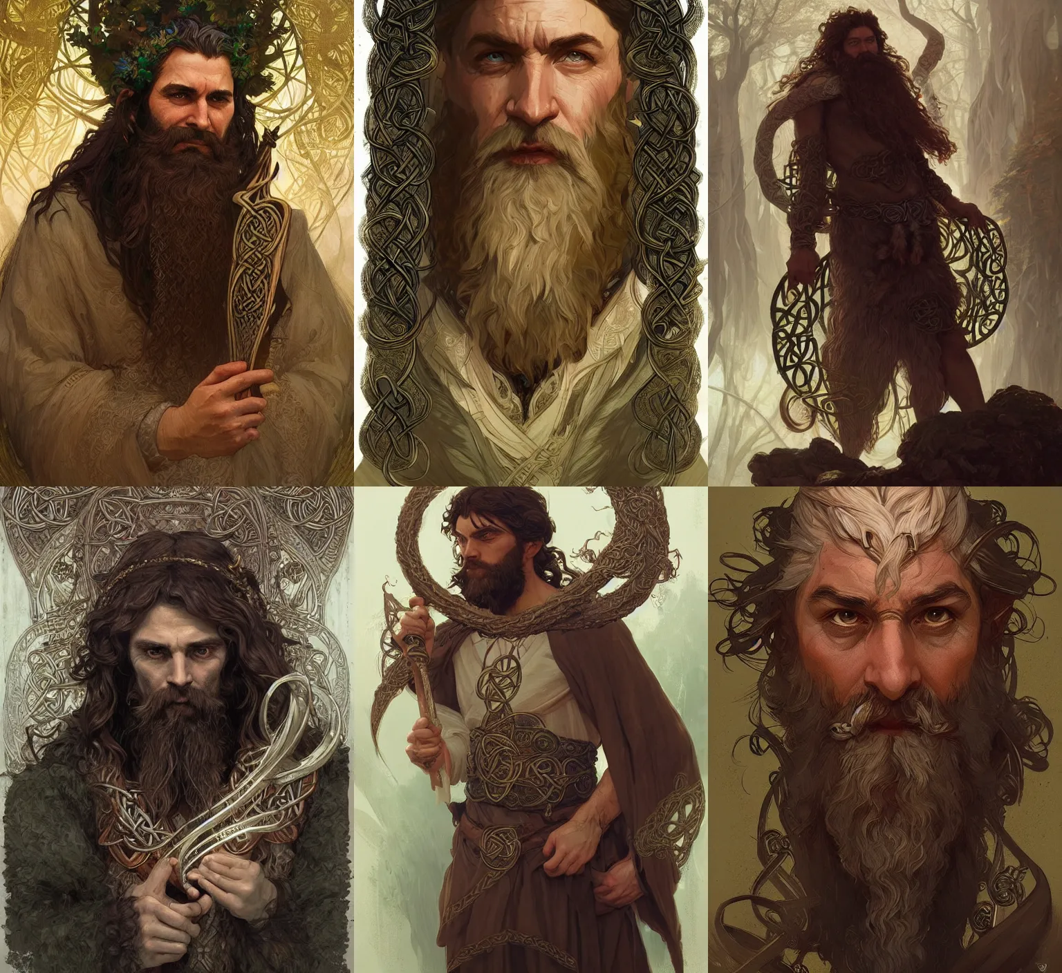 Prompt: bearded coluche as celtic druid, intricate, elegant, highly detailed, digital painting, artstation, concept art, smooth, sharp focus, illustration, art by artgerm and greg rutkowski and alphonse mucha