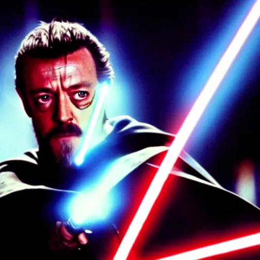 Prompt: a film still of Alec guiness as obiwan kenobi dueling darth maul in star wars 1977. medium shot. light sabers