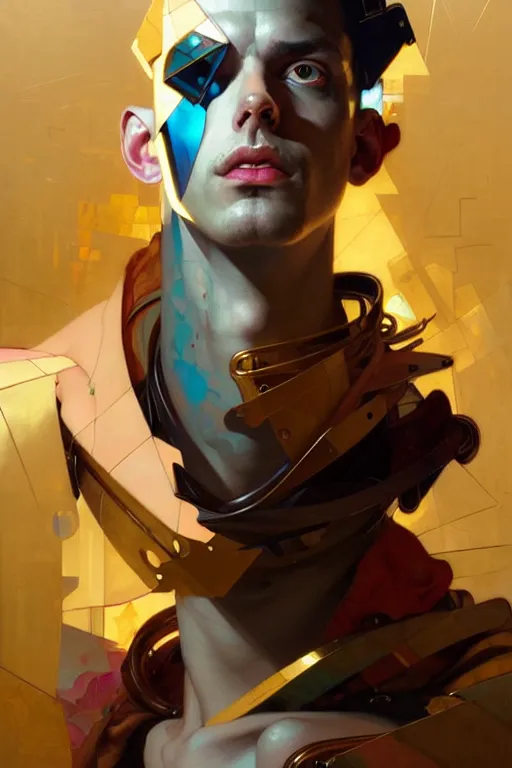 Prompt: portrait, patchwork boy, cyberpunk, elegant baroque, expressive, asymmetrical art, hyperrealism, colorful, vivid, imposing, epic, abstract texture, gold leaf texture, artstation, concept art, by peter mohrbacher and wlop and rhads and artgerm and magali villeneuve and alphonse mucha