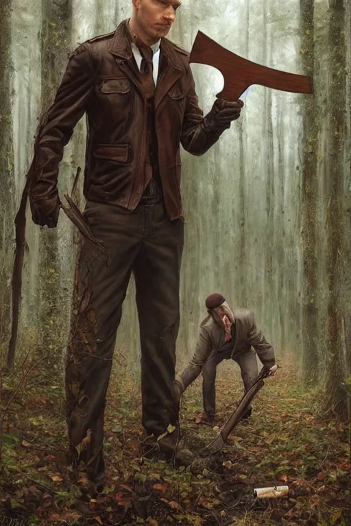 Image similar to a hitman named cobalt wearing a brown leather jacket and wielding a hatchet in the woods. art by tomasz alen kopera.