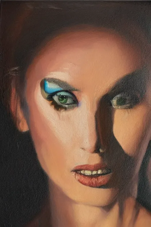 Image similar to oil painting, close-up hight detailed portrait of woman with needle close to eye, in style of 80s sci-fi art
