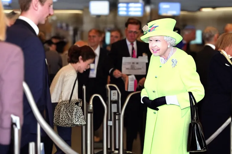 Prompt: the queen queue jumping the line at check in an airport