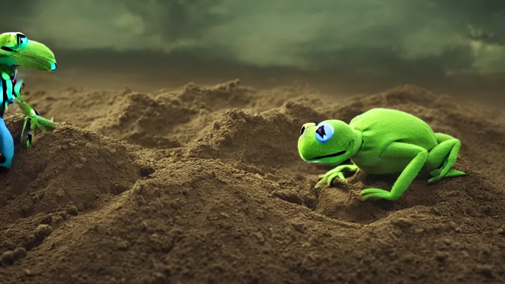 Prompt: A highly photographic render of Kermit the frog digging a grave, rim lighting, cinematic lighting, octane engine, photo realistic image, 4K, super detailed, cinematic look