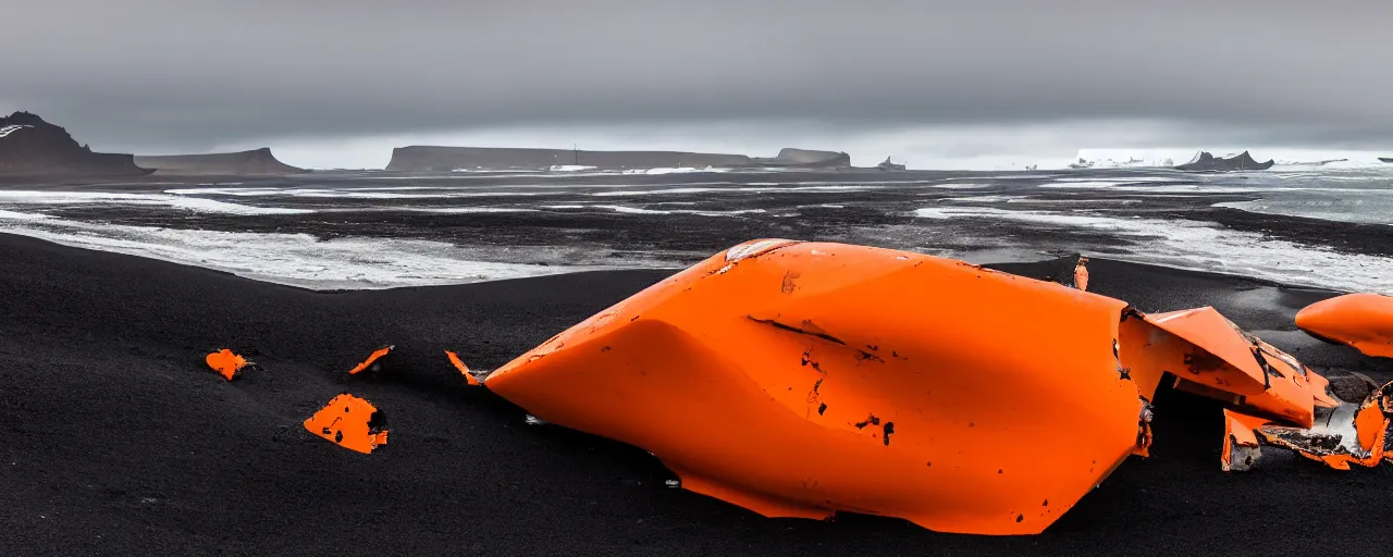 Image similar to cinematic shot of giant orange and white military spacecraft wreckage on an endless black sand beach in iceland with icebergs in the distance, 2 8 mm, shockwave