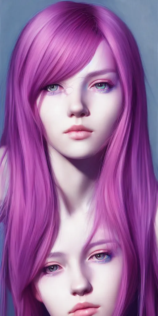 Prompt: a singular beautiful girl with pink and blue dyed hair, realistic female portrait, highly detailed, by ilya kuvshinov, makoto shinkai, photorealistic