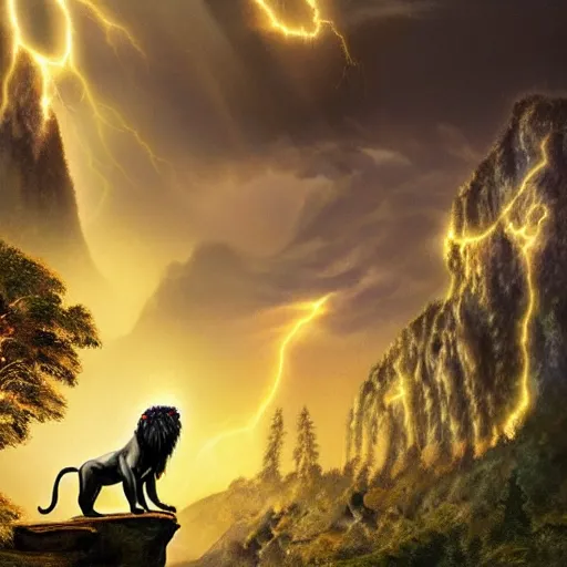 Image similar to black lion's god with body made from gold lightnings surrounded by epic forest and mountains, colossal scale, cinematic shot, hyperdetails, by Evgeniy Antonenkov and Axel Scheffler