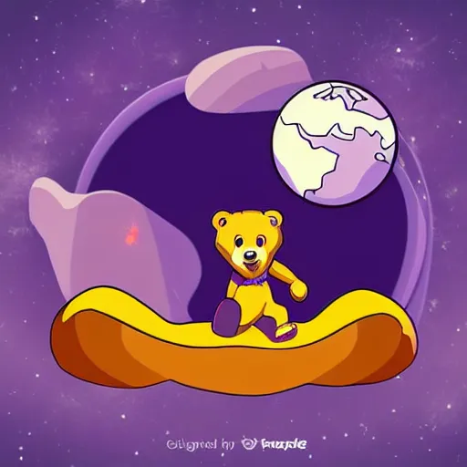 Image similar to cartoon animated illustration of a bear mascot being launched from a futuristic marble planet, purple and orange cloudland