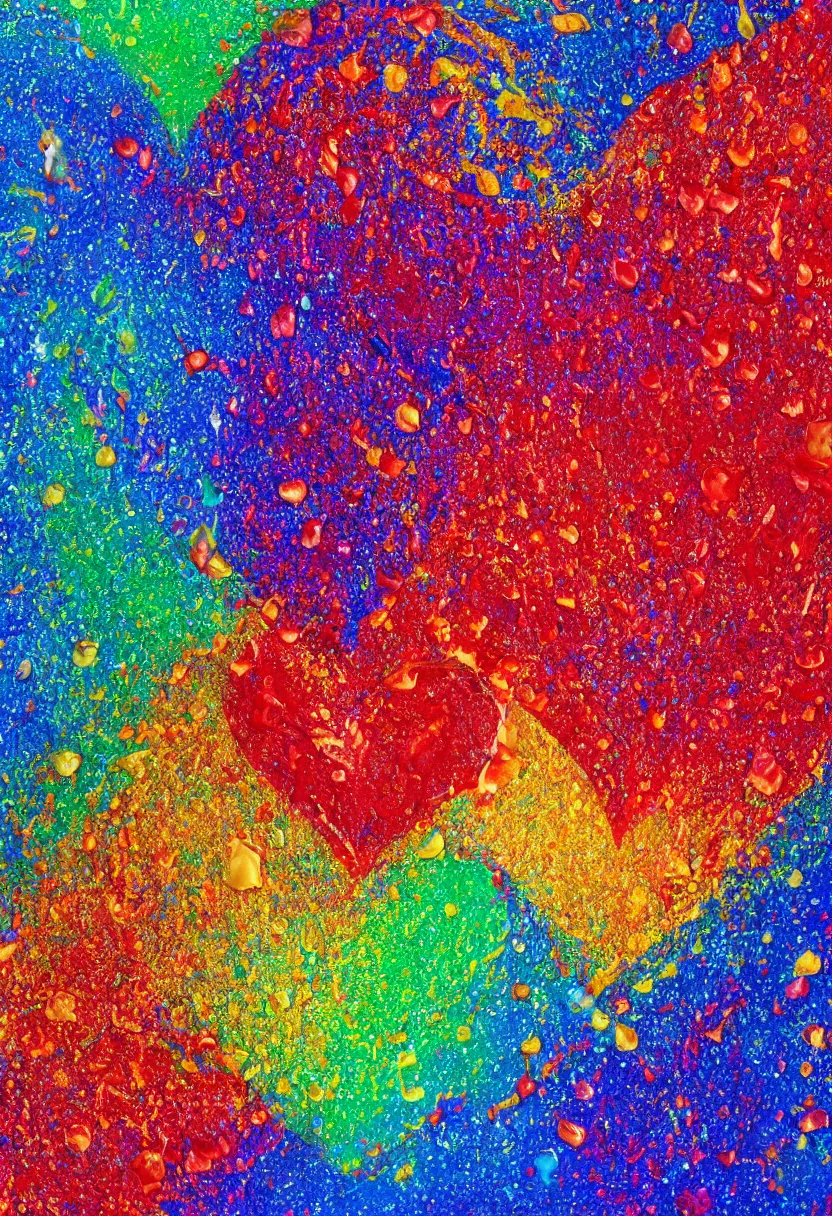 Prompt: high detailed painting of a heart made of splashing liquids and thick paints falling on glitter, 8 k rendering