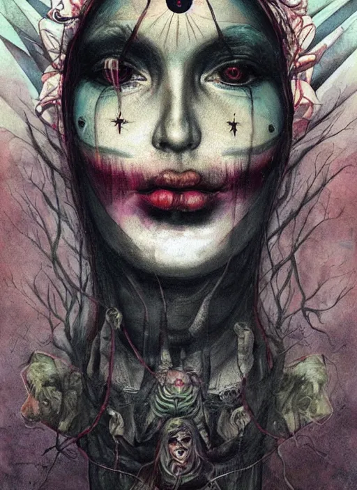 Image similar to tripping magic cult psychic woman, painted face, third eye, energetic consciousness psychedelic, epic surrealism expressionism symbolism, symmetrical face, dark myth mythos, by joao ruas, masterpiece