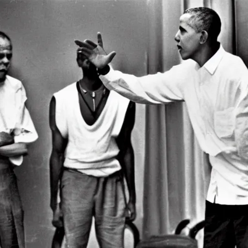 Image similar to Barack Obama having a rap battle against Ghandi, historical photo, 1962