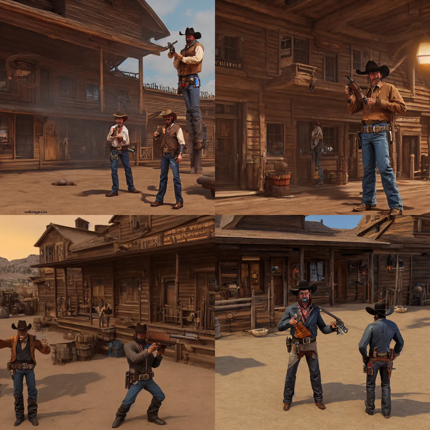 Prompt: an old western bounty hunter with a six shooter standing in front of a saloon for a quickdraw duel, rendered, unreal engine, 4 k, artgerm, trending on artstation, deviant art