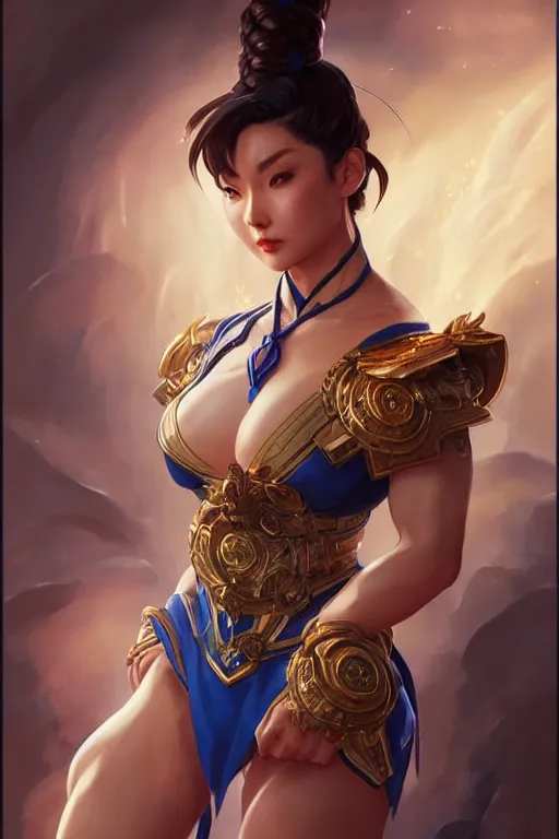 Image similar to beautiful chun li, full body shot, d & d, fantasy, intricate, elegant, highly detailed, digital painting, artstation, concept art, matte, sharp focus, illustration, hearthstone, art by artgerm and greg rutkowski and alphonse mucha