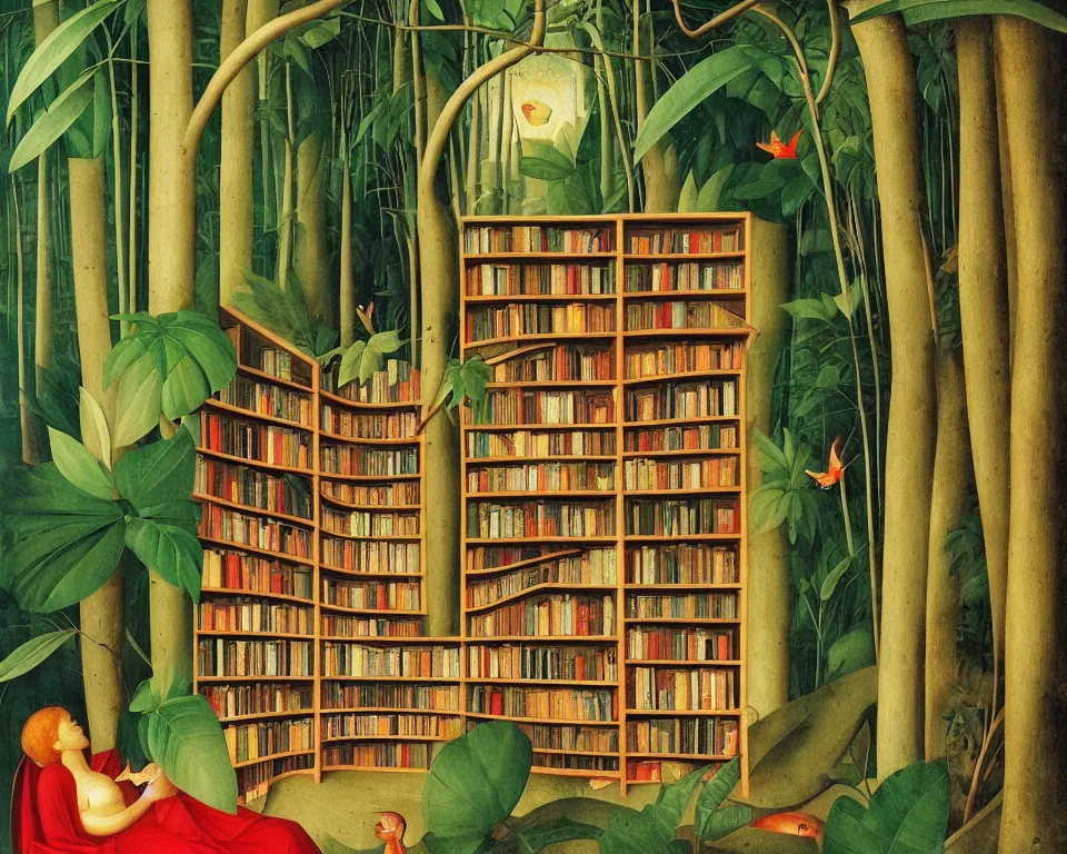 Prompt: a bookshelf in the rainforest by fra angelico. detailed, proportional, romantic, enchanting, achingly beautiful, graphic print, trending on artstation, jungle, tropical, foliage