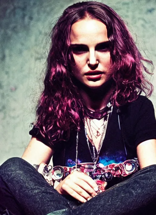 Prompt: promotional image of natalie portman as a british punk rocker in the 80s, rugged black clothes, colorful dyed short hair, tatoos, detailed face, movie still frame, promotional image, imax 70 mm footage