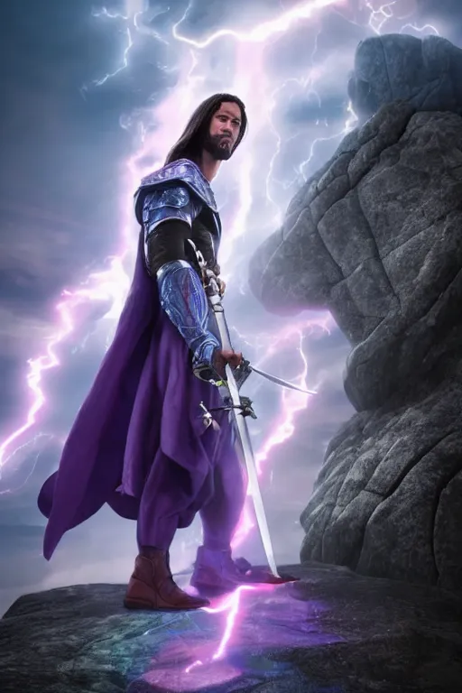 Image similar to hyper realistic wizard holding a sword that’s pointed towards the sky, getting shocked by purple lightning, standing on a mountaintop, octane, trending on artstation, hyper realistic, highly detailed, amazing depth of field, 8k