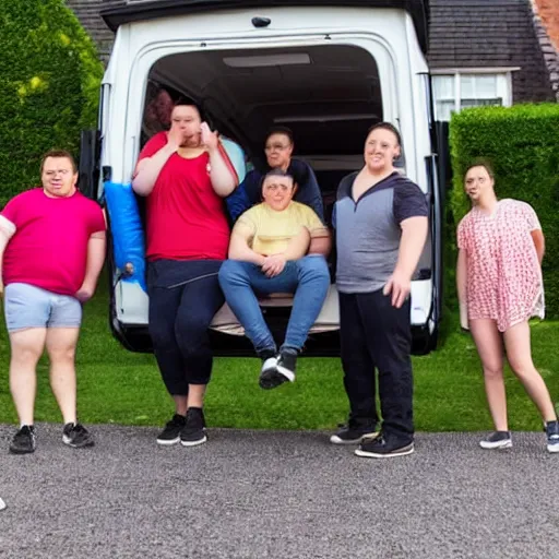 Prompt: 5 young overweight people with downsyndrome moving house