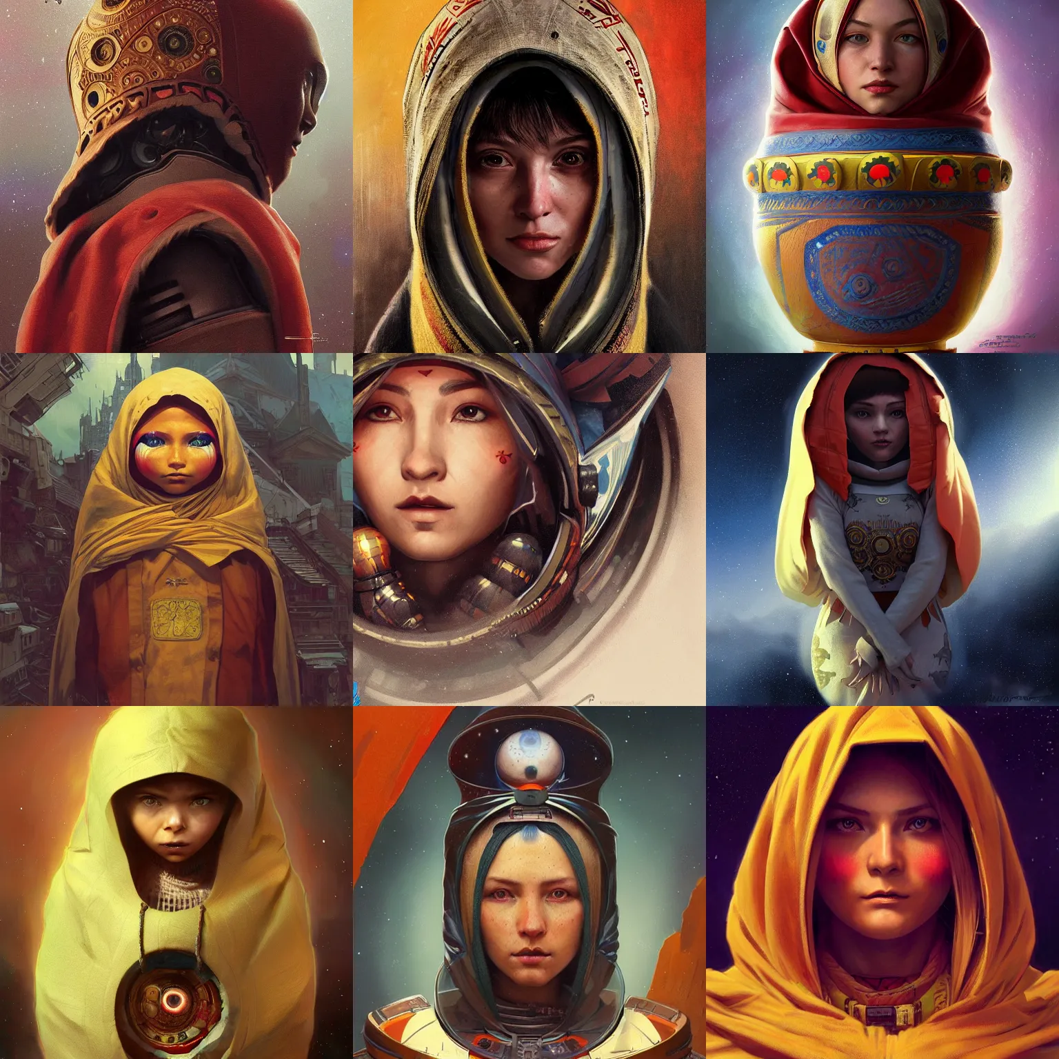 Prompt: matryoshka Interstellar movie character highly detailed, digital fantasy character, painted portrait, artstation, concept art, hard focus, illustrations, works by Artgerm and Greg Rutkowski, Alphonse Mucha and Craig Mullins, James Jean, Andrey Ryabovichev, Mark Simonetti and Peter Morbacher, 16k,