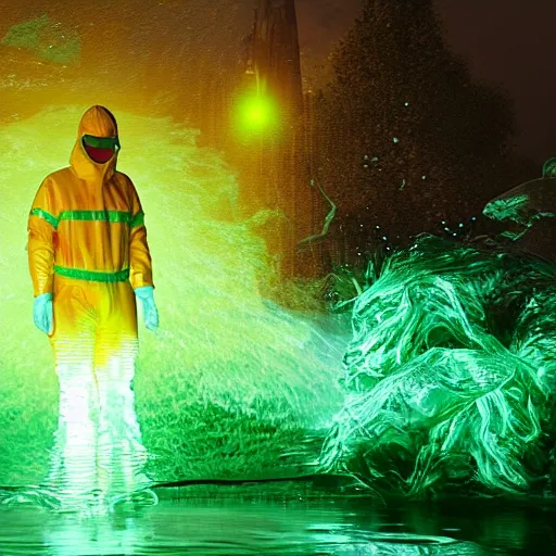 Prompt: a man in a yellow hazmat suit pours glowing green liquid into a magical river, photorealistic painting, concept art, rendering, octane, redshift, cinematic composition, volumetric lighting